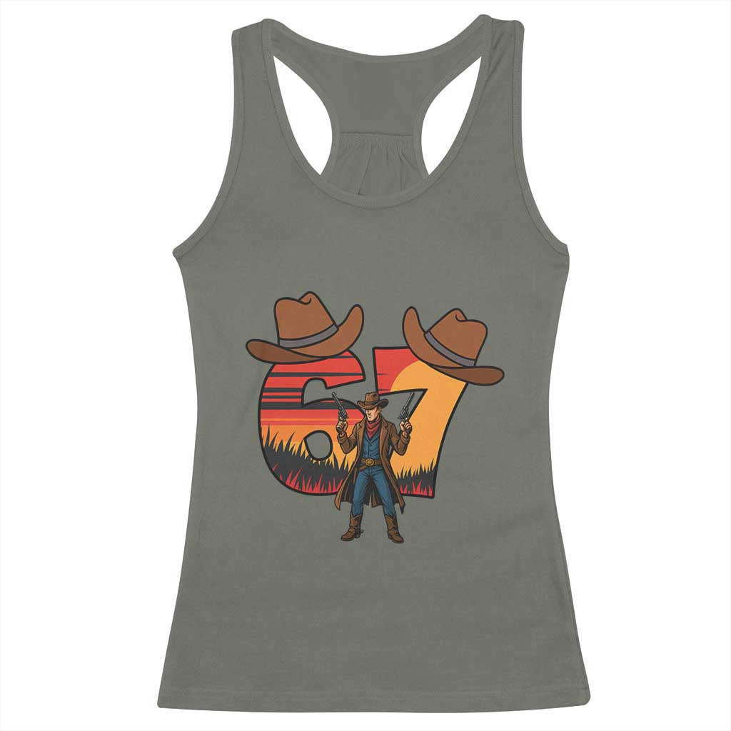Six Seven Meme Cowboy Racerback Tank Top Funny Western 67 Trend Gift TS12 Military Green Print Your Wear