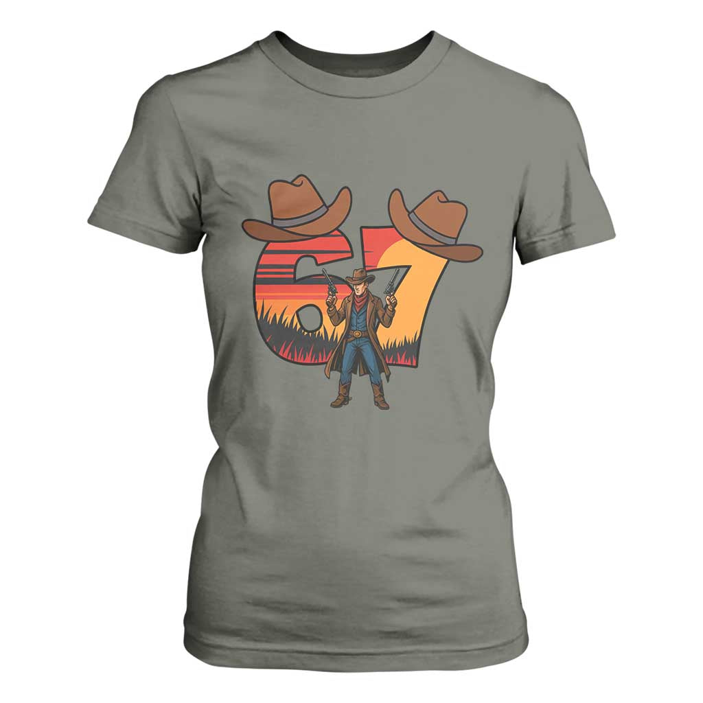 Six Seven Meme Cowboy T Shirt For Women Funny Western 67 Trend Gift TS12 Military Green Print Your Wear