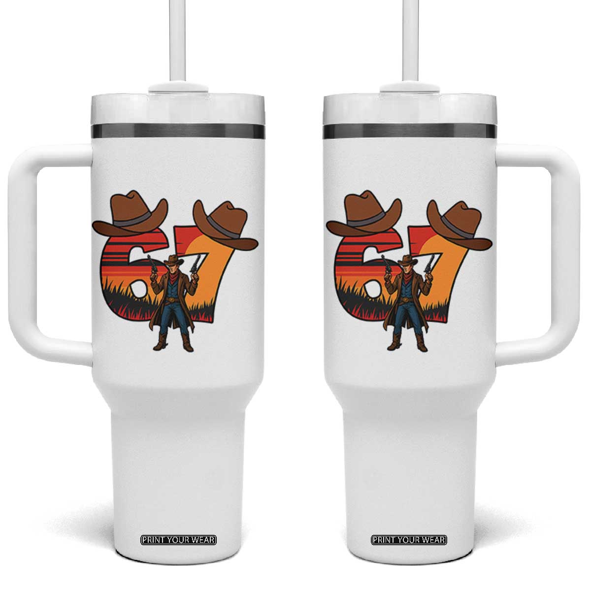 Six Seven Meme Cowboy Tumbler With Handle Funny Western 67 Trend Gift TS12 One Size: 40 oz White Print Your Wear
