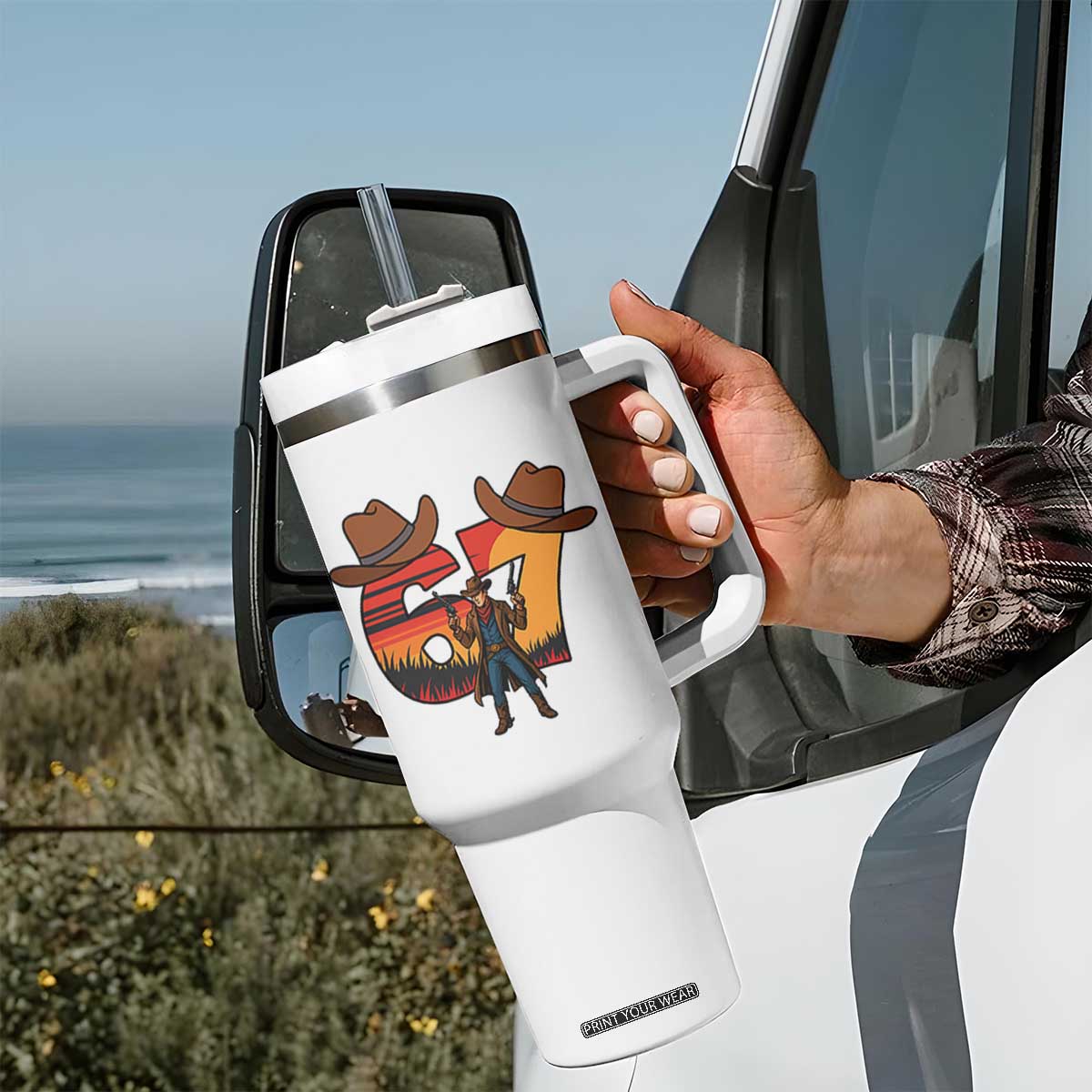 Six Seven Meme Cowboy Tumbler With Handle Funny Western 67 Trend Gift TS12 Print Your Wear
