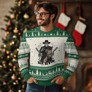 Six Seven Meme Skeleton Cowboy Ugly Christmas Sweater Funny Western Gift TS12 Beige Green Print Your Wear