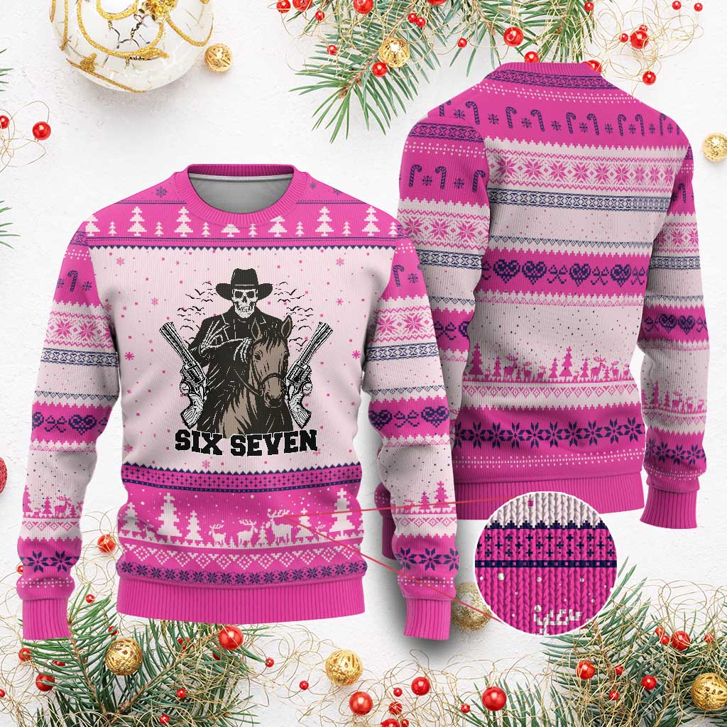 Six Seven Meme Skeleton Cowboy Ugly Christmas Sweater Funny Western Gift TS12 Hot Pink Print Your Wear