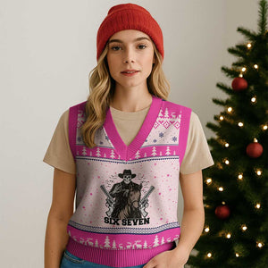 Six Seven Meme Skeleton Cowboy V-Neck Knit Sweater Vest Funny Western Gift TS12 Hot Pink Print Your Wear