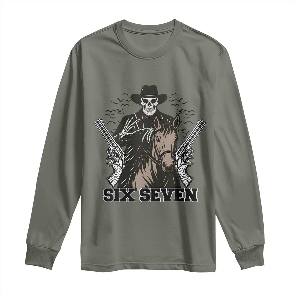 Six Seven Meme Skeleton Cowboy Long Sleeve Shirt Funny Western Gift TS12 Military Green Print Your Wear