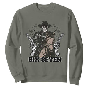 Six Seven Meme Skeleton Cowboy Sweatshirt Funny Western Gift TS12 Military Green Print Your Wear