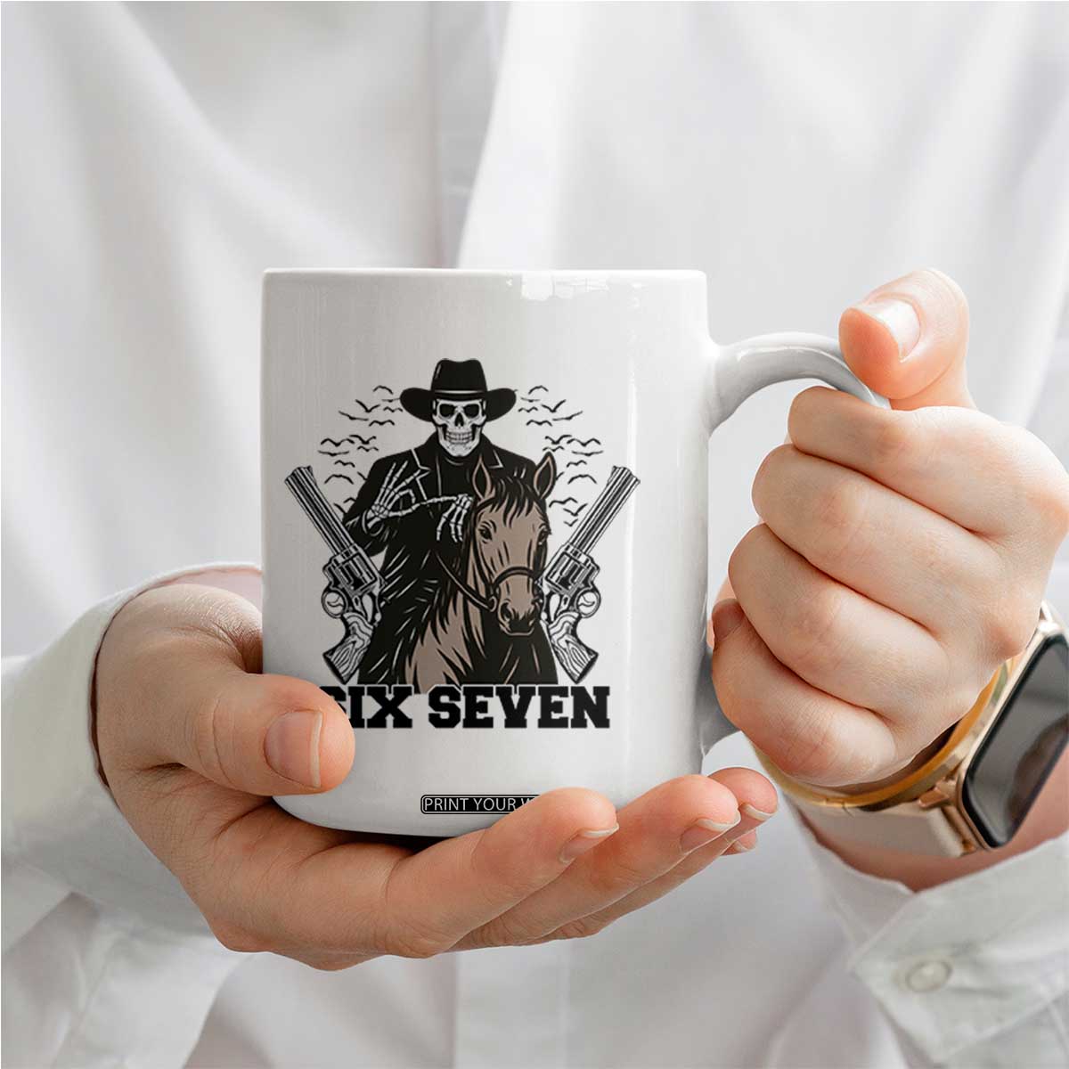 Six Seven Meme Skeleton Cowboy Coffee Mug Funny Western Gift TS12 Print Your Wear