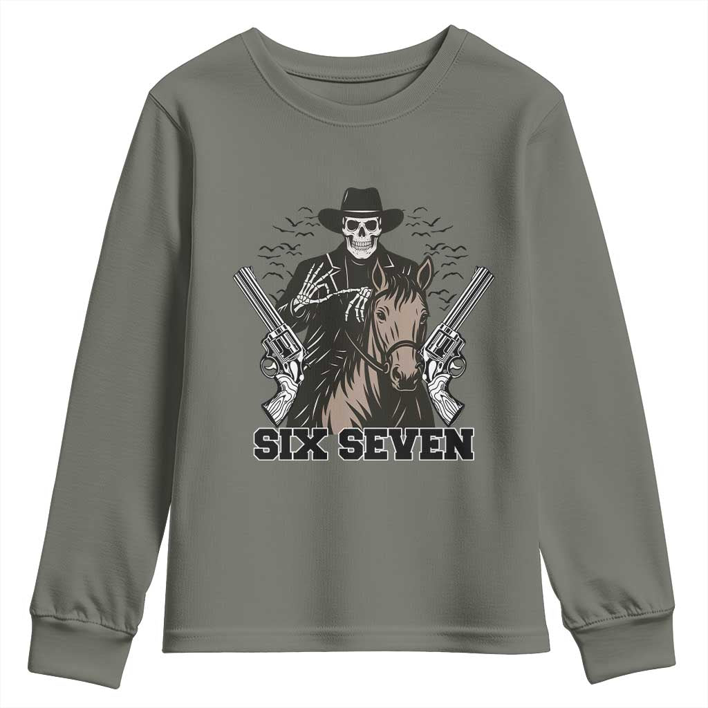Six Seven Meme Skeleton Cowboy Youth Sweatshirt Funny Western Gift TS12 Military Green Print Your Wear
