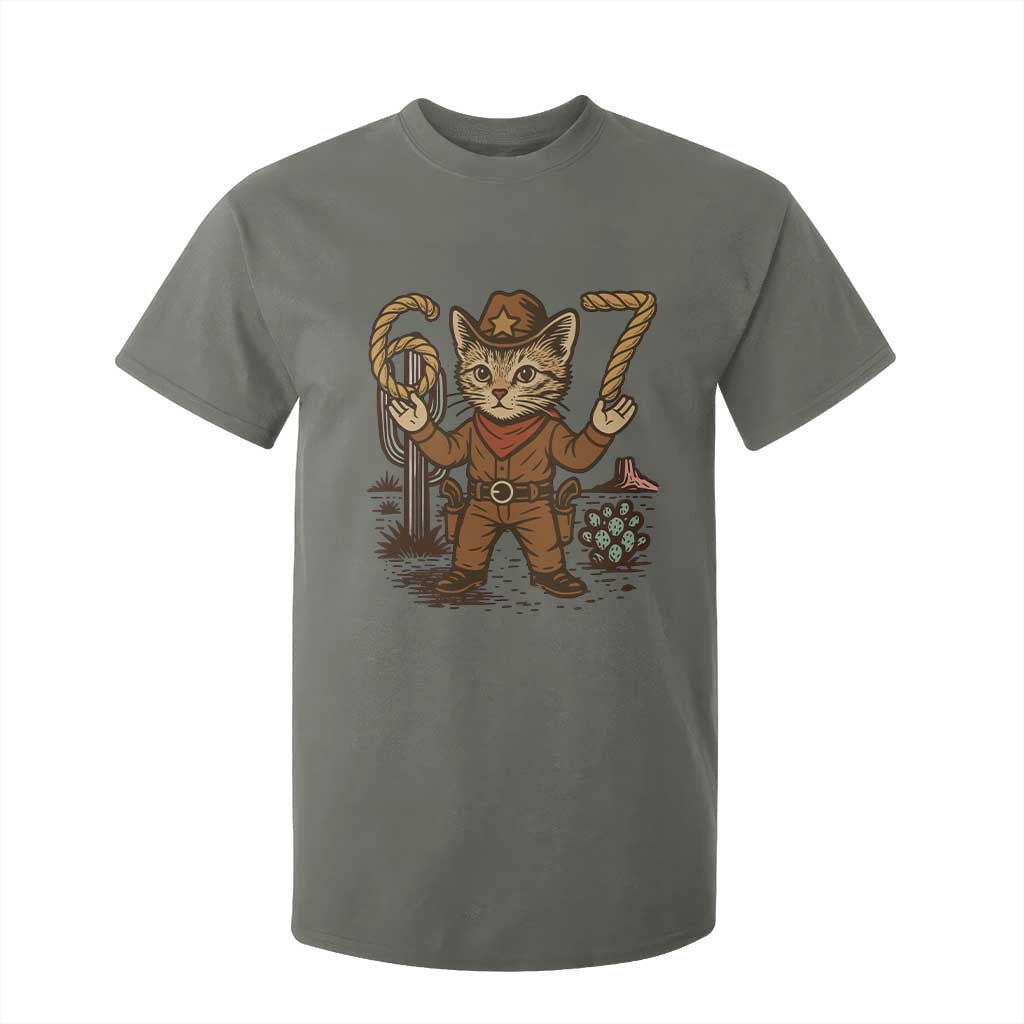 Funny Cowcat Six Seven Meme T Shirt For Kid Gen Alpha 67 Trend Gift TS12 Military Green Print Your Wear