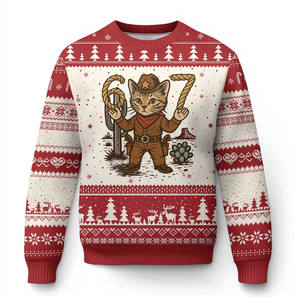 Funny Cowcat Six Seven Meme Ugly Christmas Sweater Gen Alpha 67 Trend Gift TS12 Beige Red Print Your Wear