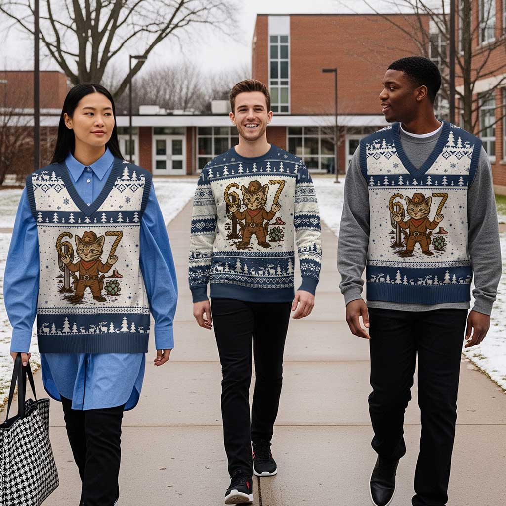 Funny Cowcat Six Seven Meme V-Neck Knit Sweater Vest Gen Alpha 67 Trend Gift TS12 Beige Navy Print Your Wear