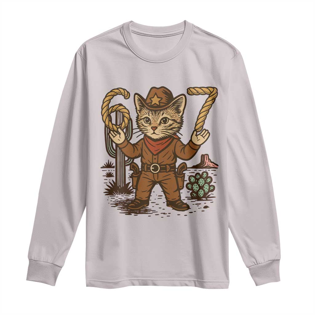 Funny Cowcat Six Seven Meme Long Sleeve Shirt Gen Alpha 67 Trend Gift TS12 Ice Gray Print Your Wear