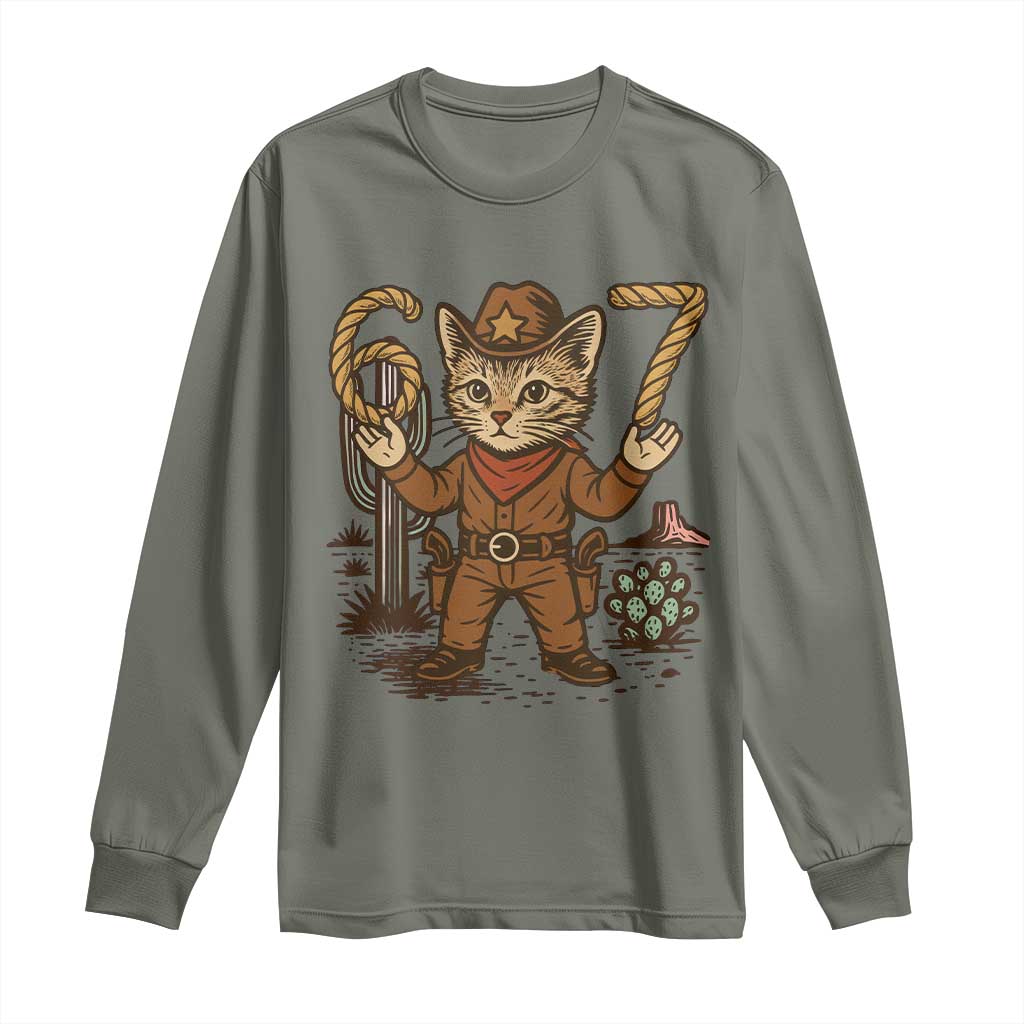 Funny Cowcat Six Seven Meme Long Sleeve Shirt Gen Alpha 67 Trend Gift TS12 Military Green Print Your Wear