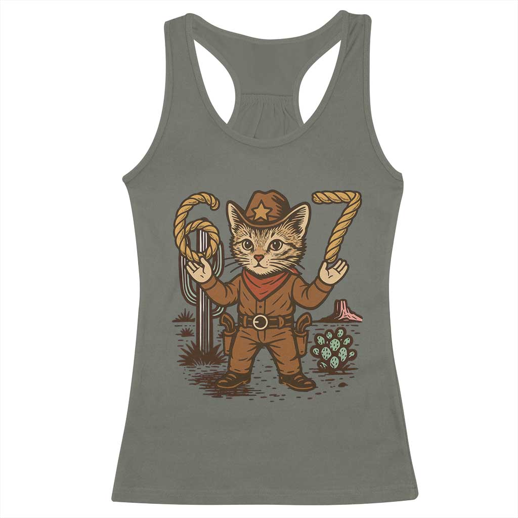 Funny Cowcat Six Seven Meme Racerback Tank Top Gen Alpha 67 Trend Gift TS12 Military Green Print Your Wear