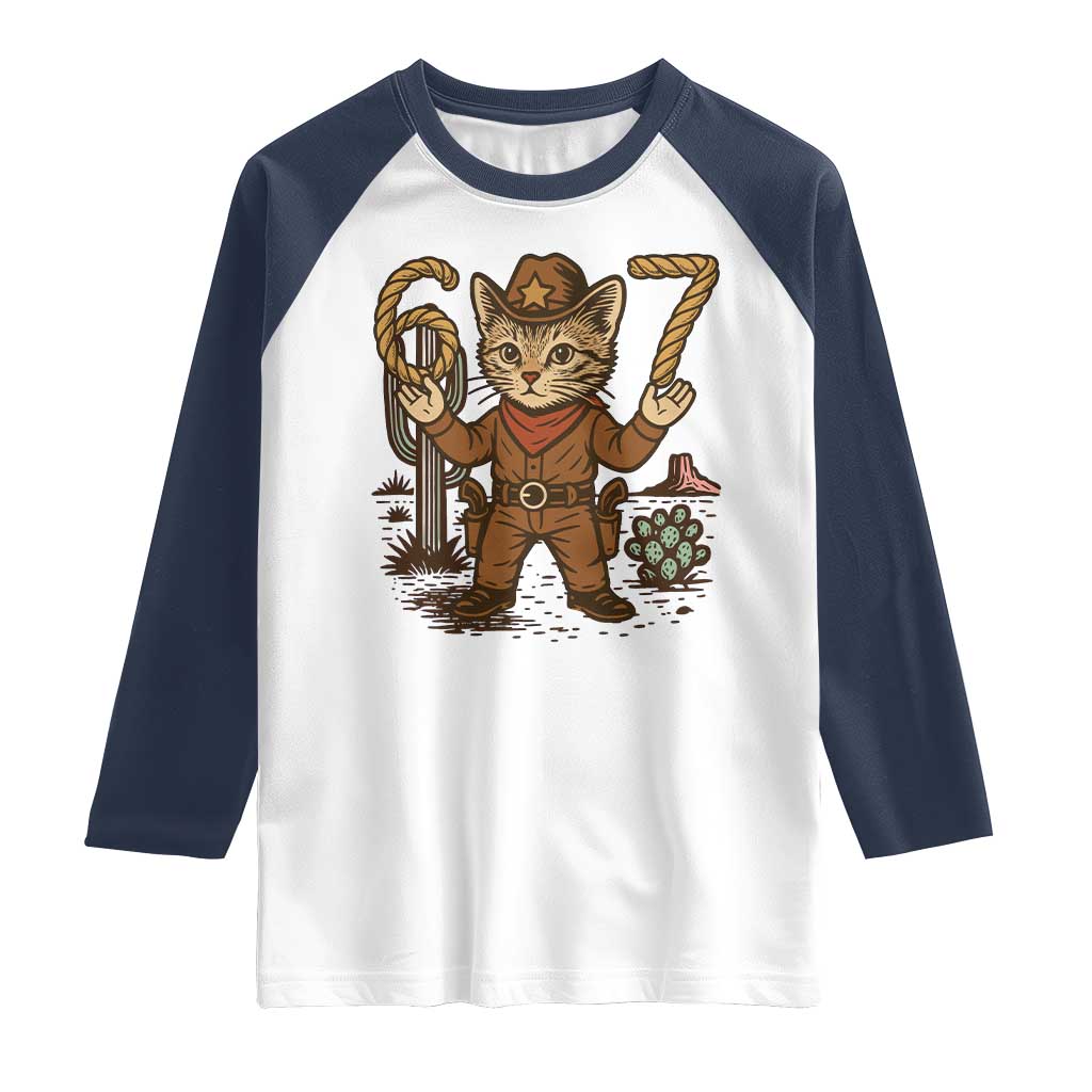 Funny Cowcat Six Seven Meme Raglan Shirt Gen Alpha 67 Trend Gift TS12 White Navy Print Your Wear