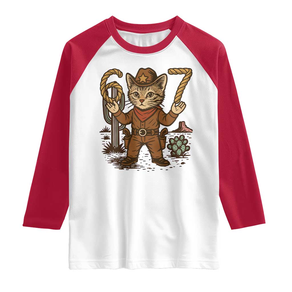 Funny Cowcat Six Seven Meme Raglan Shirt Gen Alpha 67 Trend Gift TS12 White Red Print Your Wear