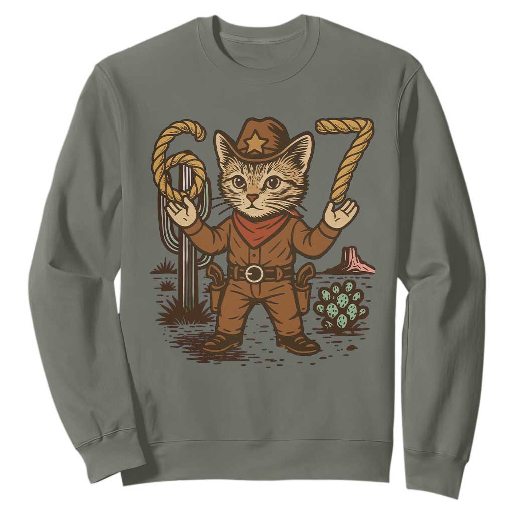 Funny Cowcat Six Seven Meme Sweatshirt Gen Alpha 67 Trend Gift TS12 Military Green Print Your Wear