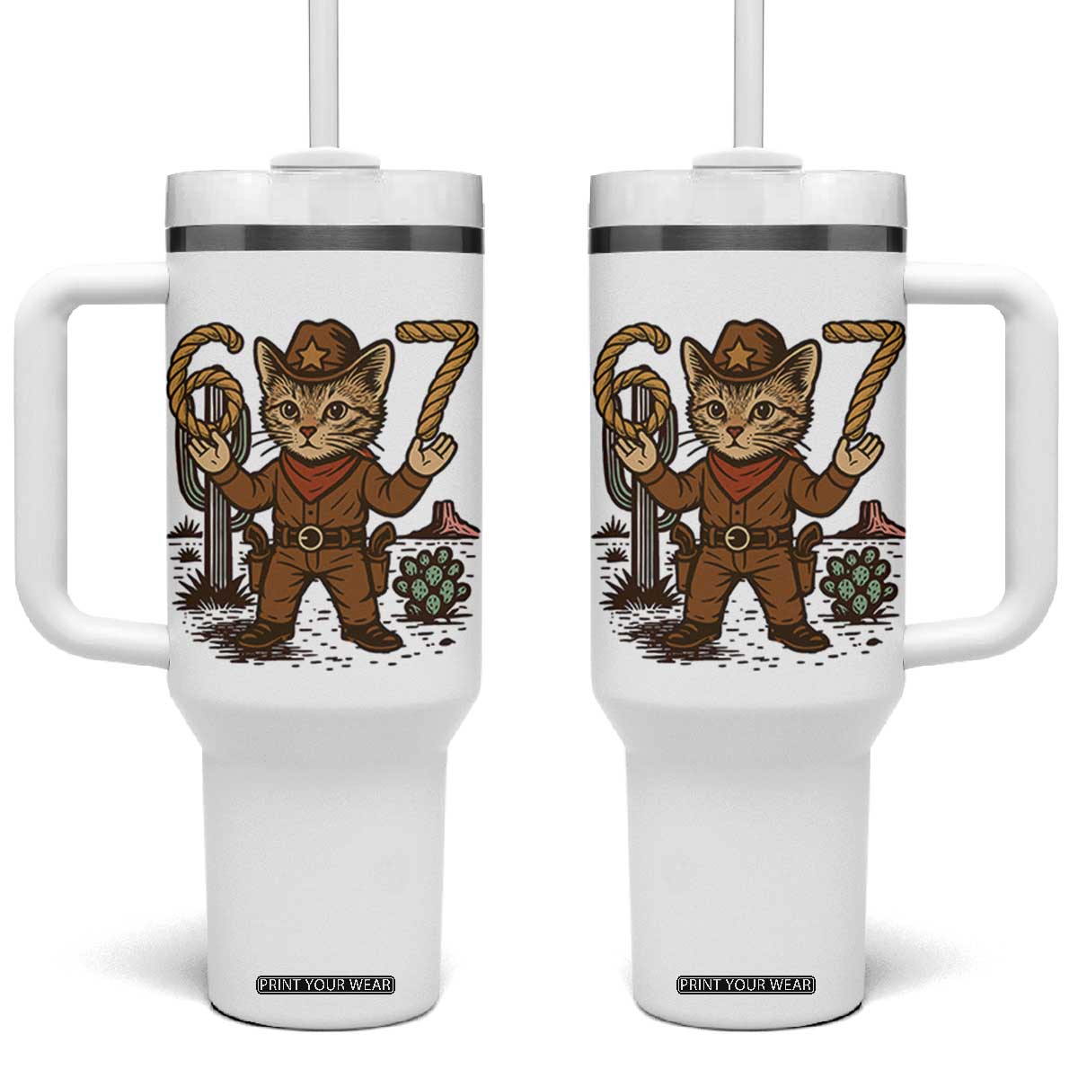 Funny Cowcat Six Seven Meme Tumbler With Handle Gen Alpha 67 Trend Gift TS12 One Size: 40 oz White Print Your Wear