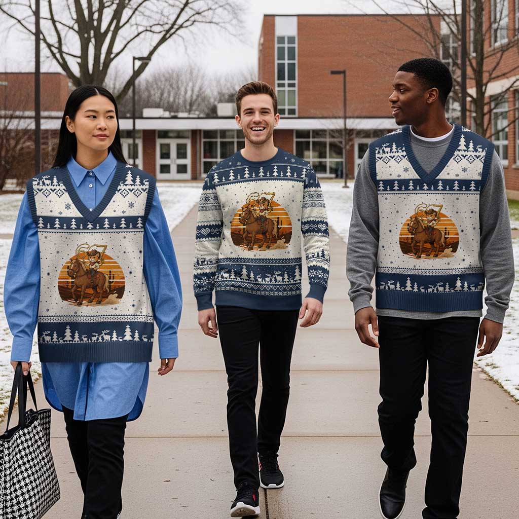 Funny Cowcat Six Seven Meme V-Neck Knit Sweater Vest Western 67 Trend Gift TS12 Beige Navy Print Your Wear