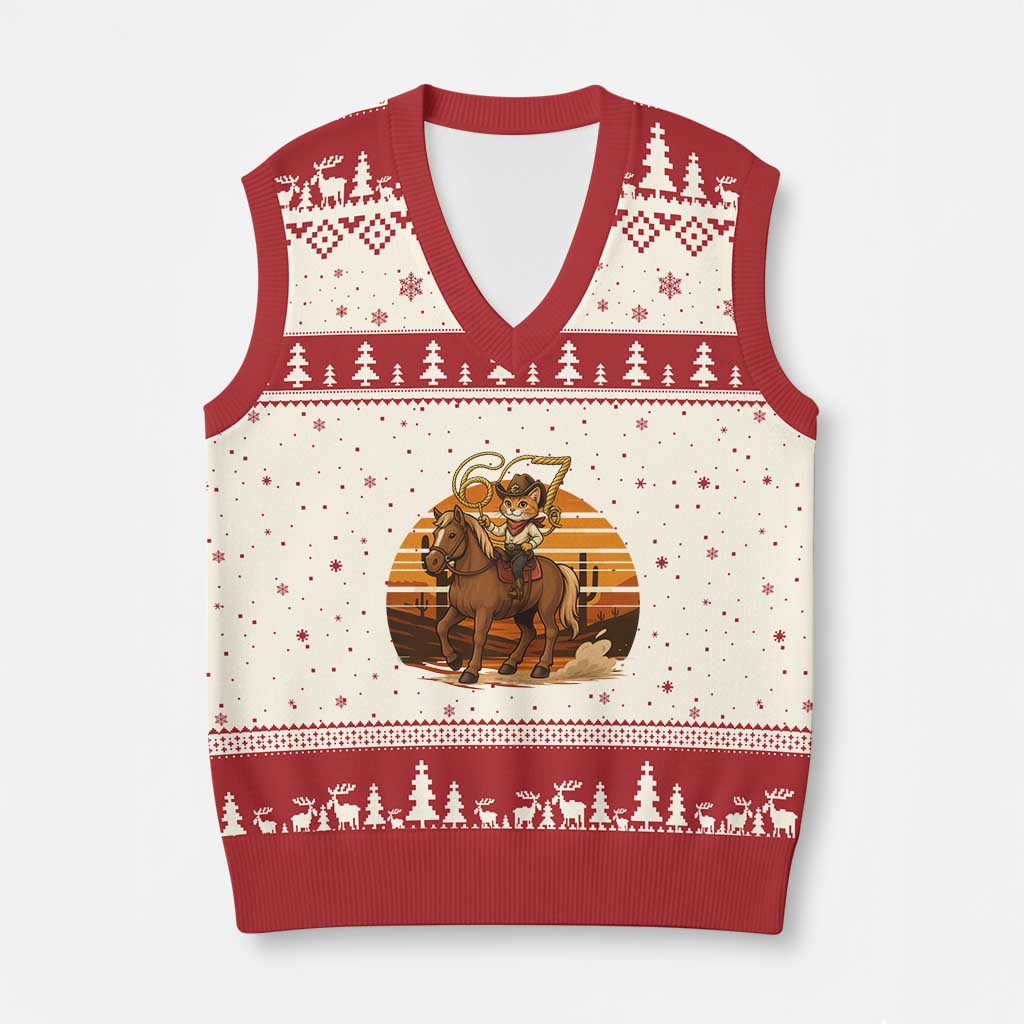 Funny Cowcat Six Seven Meme V-Neck Knit Sweater Vest Western 67 Trend Gift TS12 Beige Red Print Your Wear