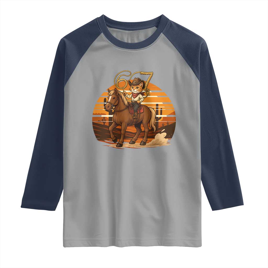 Funny Cowcat Six Seven Meme Raglan Shirt Western 67 Trend Gift TS12 Sport Gray Navy Print Your Wear