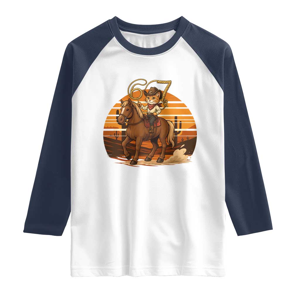 Funny Cowcat Six Seven Meme Raglan Shirt Western 67 Trend Gift TS12 White Navy Print Your Wear