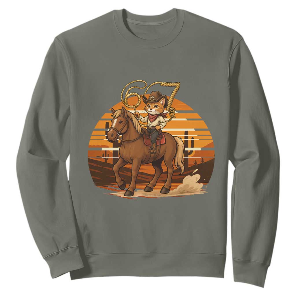 Funny Cowcat Six Seven Meme Sweatshirt Western 67 Trend Gift TS12 Military Green Print Your Wear