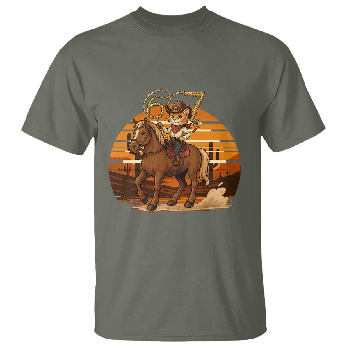 Funny Cowcat Six Seven Meme T Shirt Western 67 Trend Gift TS12 Military Green Print Your Wear