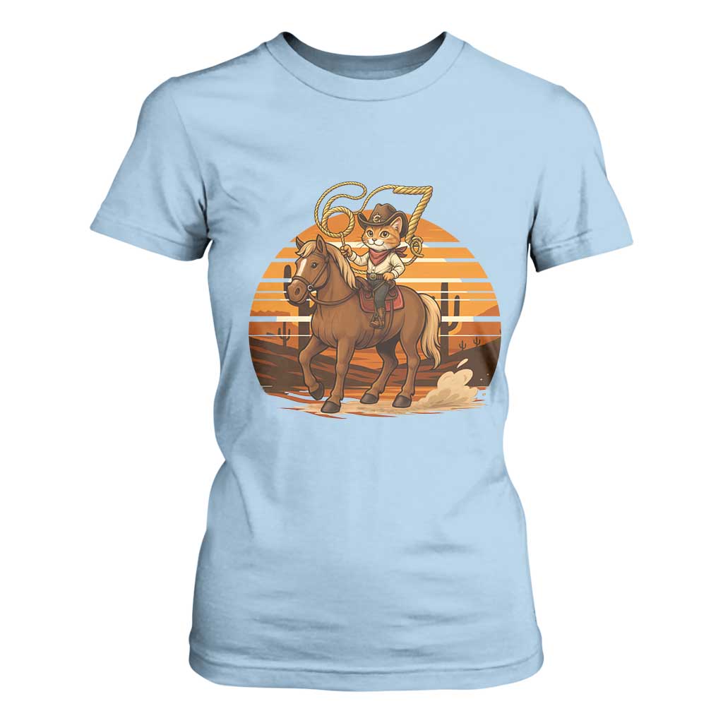 Funny Cowcat Six Seven Meme T Shirt For Women Western 67 Trend Gift TS12 Light Blue Print Your Wear