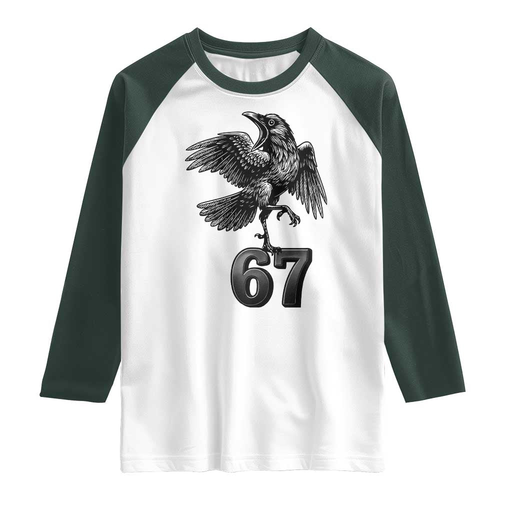Funny Raven Brainrot Six Seven Meme Gift Raglan Shirt TS12 White Dark Forest Green Print Your Wear