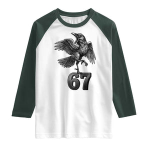Funny Raven Brainrot Six Seven Meme Gift Raglan Shirt TS12 White Dark Forest Green Print Your Wear