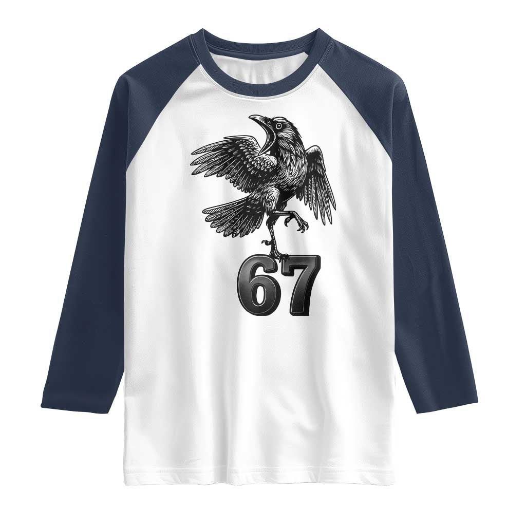 Funny Raven Brainrot Six Seven Meme Gift Raglan Shirt TS12 White Navy Print Your Wear