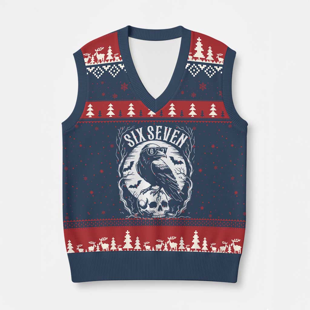 Gothic Raven Brainrot Six Seven V-Neck Knit Sweater Vest Gen Z Alpha Gift TS12 Navy Red Print Your Wear