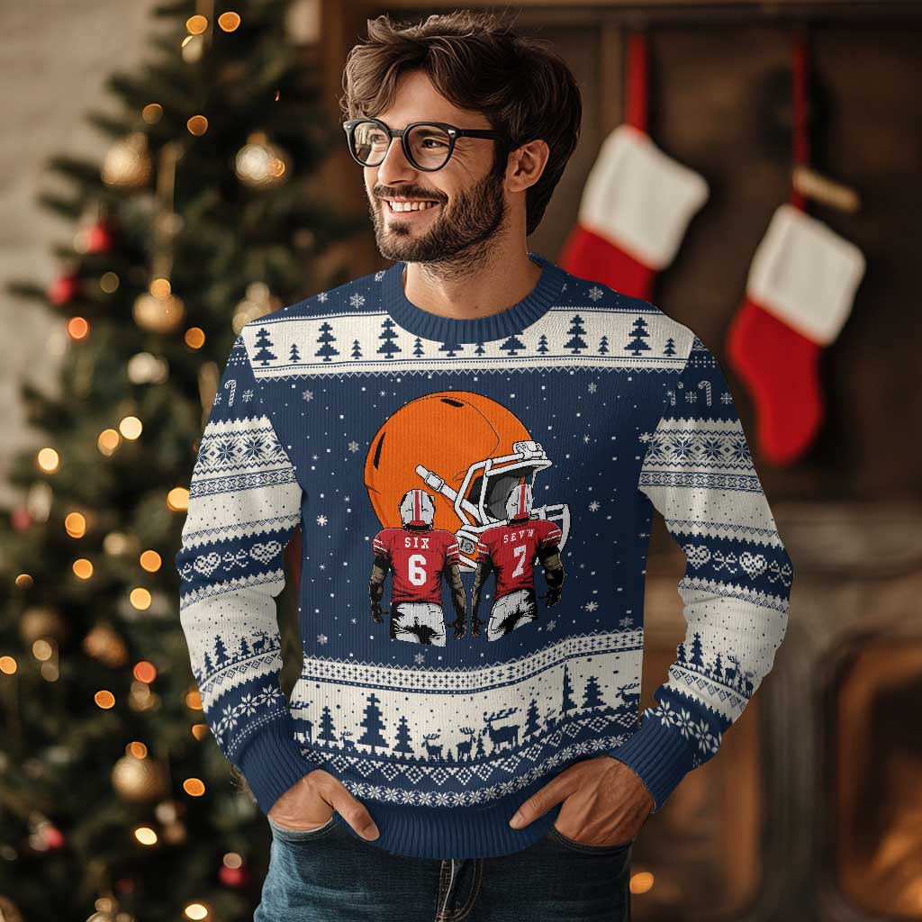 Funny American Football Ugly Christmas Sweater Six Seven Meme TS12 Navy Beige Print Your Wear