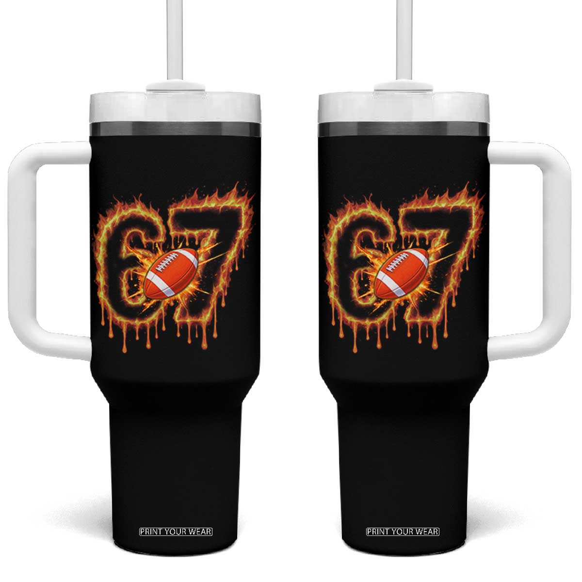 Funny American Football Six Seven Tumbler With Handle Fire Drip 67 Meme - Print Your Wear