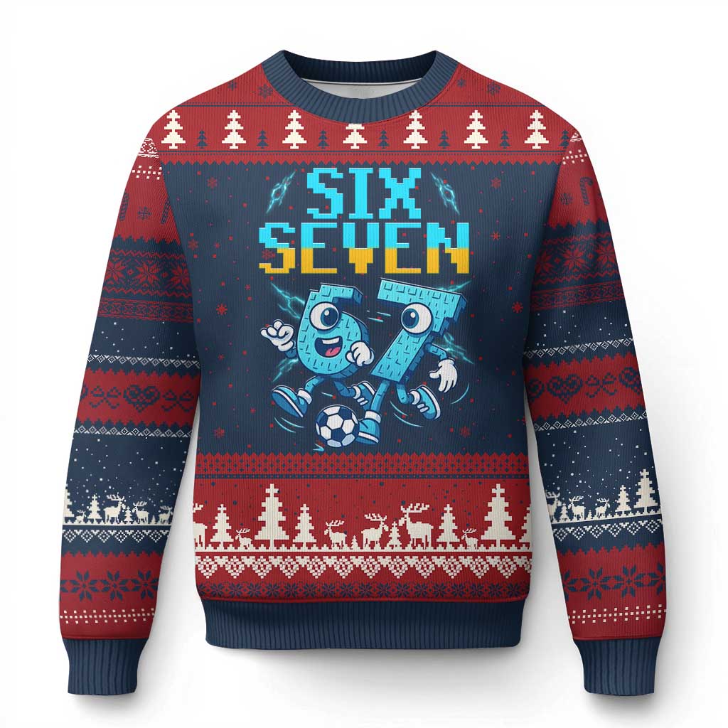 Funny Six Seven Pixel Playing Soccer Ugly Christmas Sweater Gen Z Alpha Gift TS12 Navy Red Print Your Wear