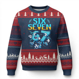 Funny Six Seven Pixel Playing Soccer Ugly Christmas Sweater Gen Z Alpha Gift TS12 Navy Red Print Your Wear