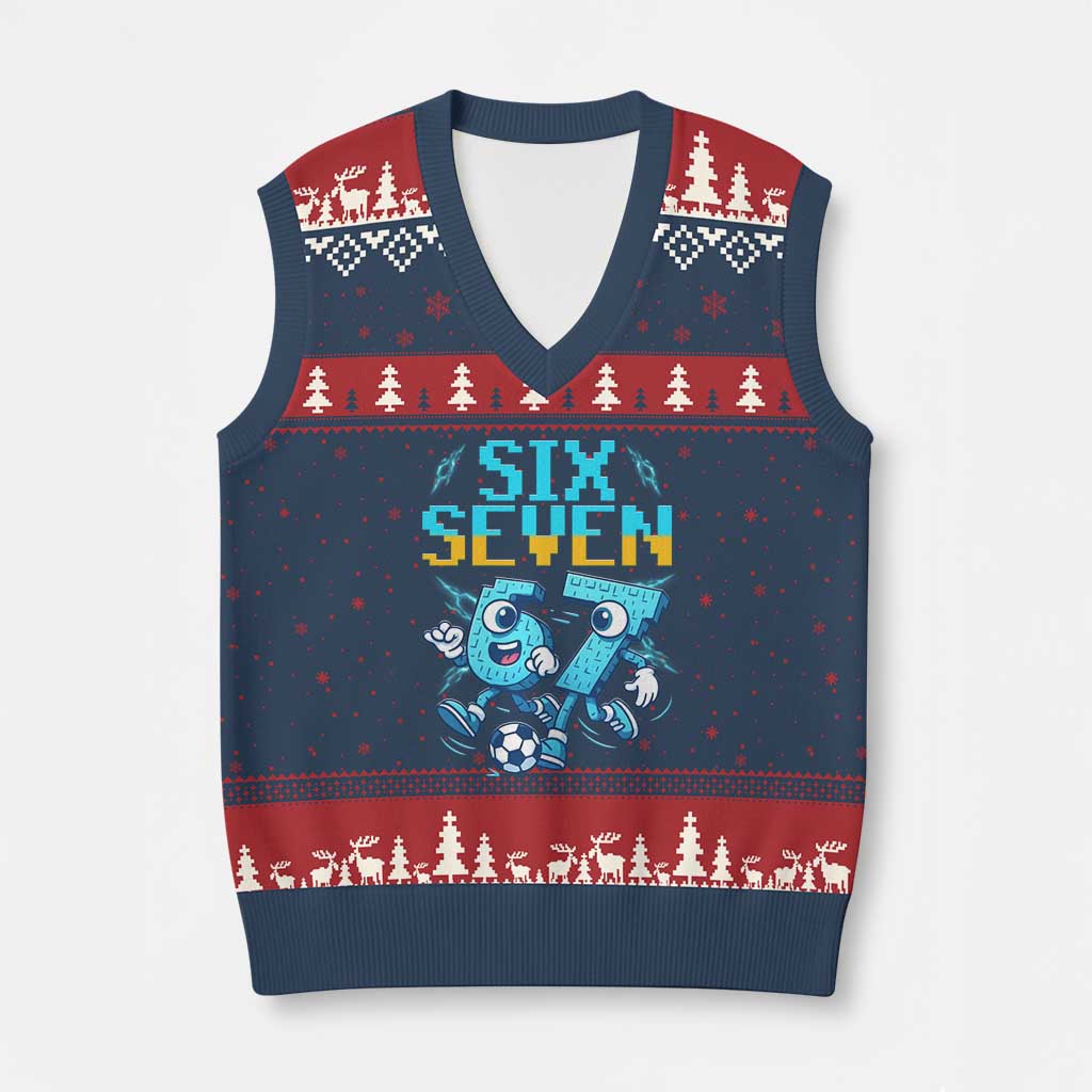 Funny Six Seven Pixel Playing Soccer V-Neck Knit Sweater Vest Gen Z Alpha Gift TS12 Navy Red Print Your Wear