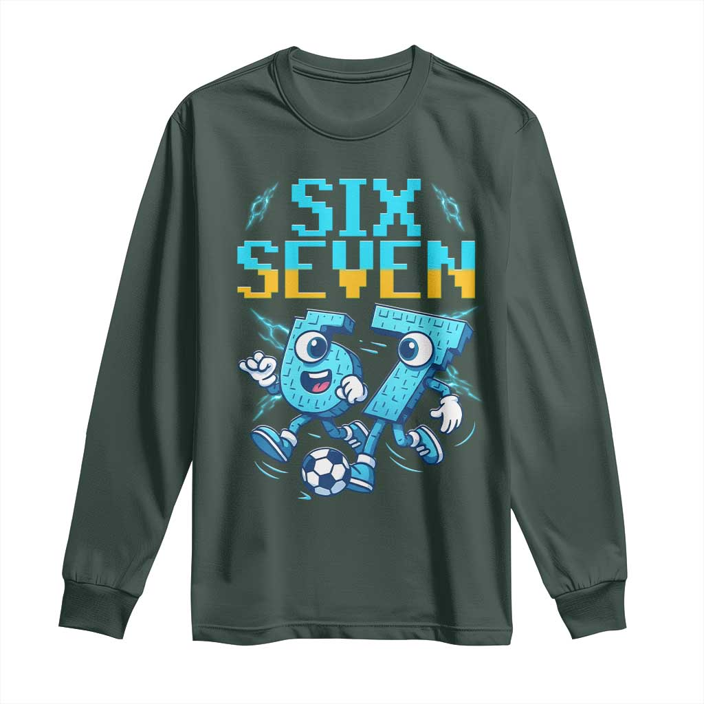 Funny Six Seven Pixel Playing Soccer Long Sleeve Shirt Gen Z Alpha Gift TS12 Dark Forest Green Print Your Wear