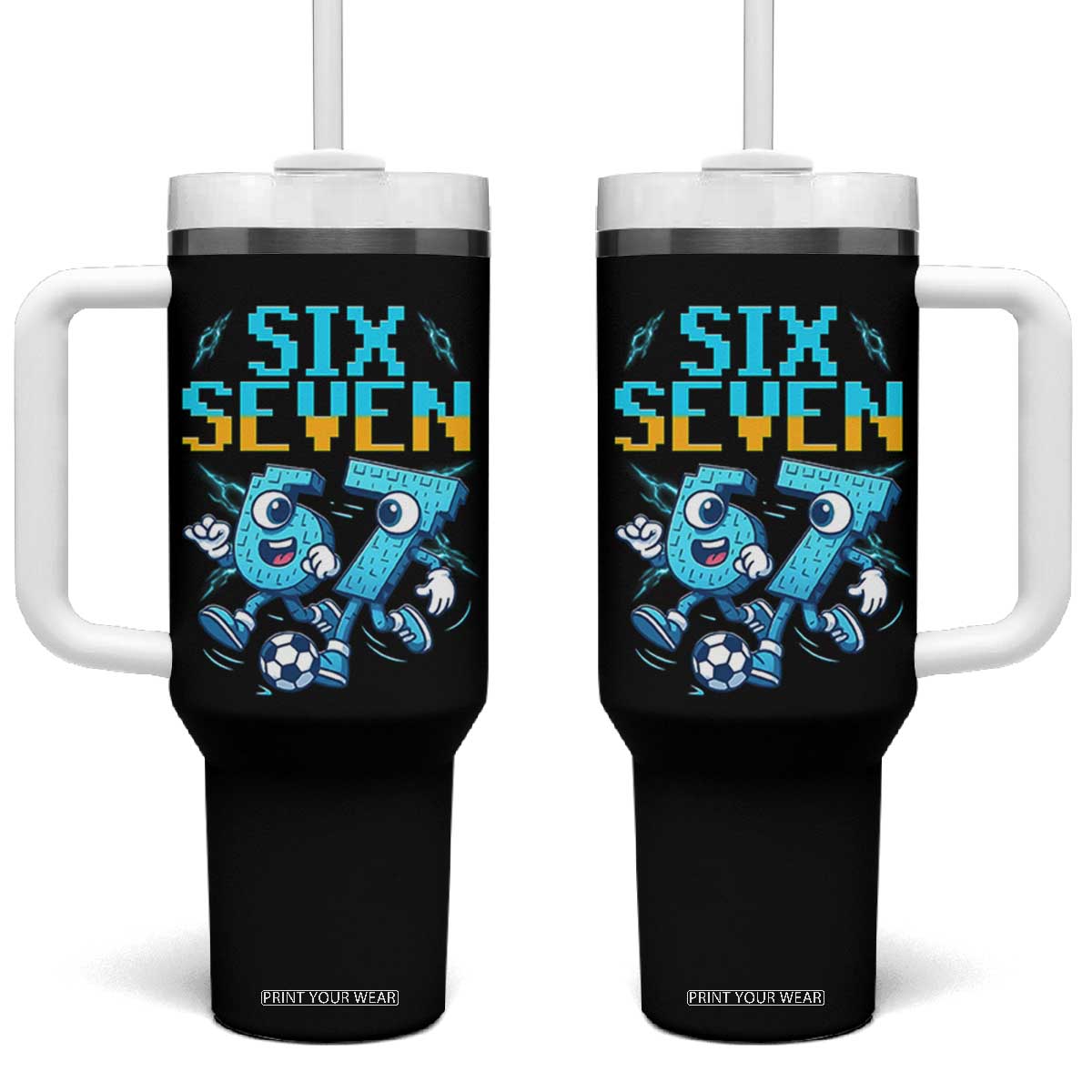 Funny Six Seven Pixel Playing Soccer Tumbler With Handle Gen Z Alpha Gift TS12 One Size: 40 oz Black Print Your Wear
