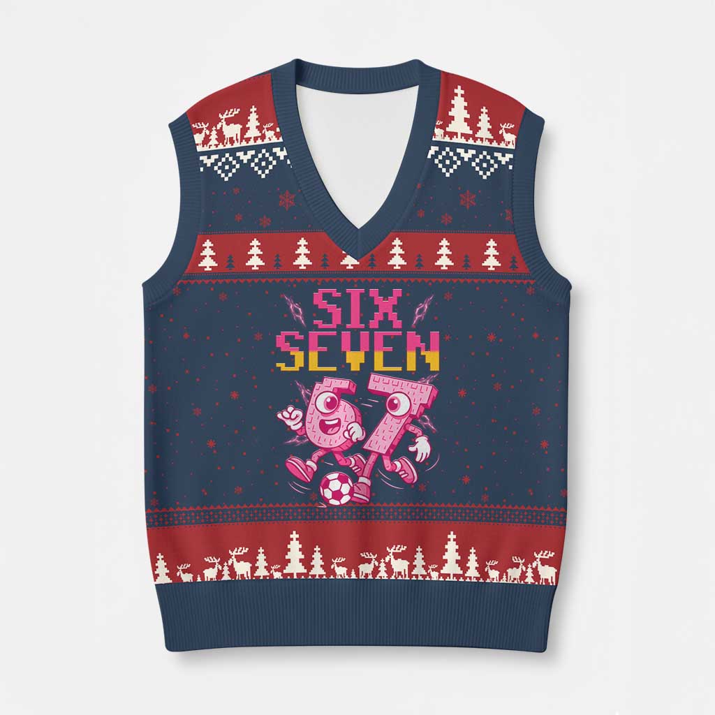 Funny Gen Z Alpha Gift V-Neck Knit Sweater Vest Six Seven Meme Soccer Lover TS12 Navy Red Print Your Wear