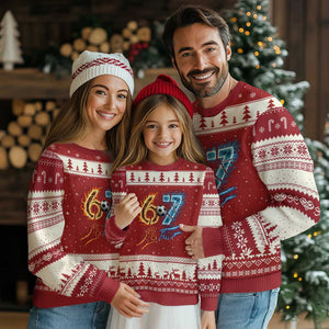 Funny Soccer Lover Ugly Christmas Sweater Six Seven Meme Trending Gift TS12 Red Beige Print Your Wear