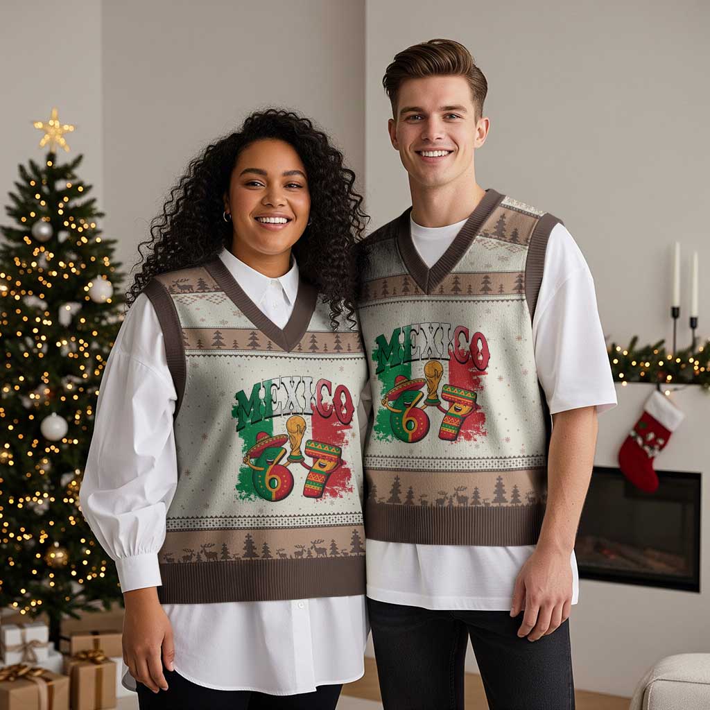 Mexico Soccer Fan V-Neck Knit Sweater Vest Funny 67 Viral Gen Alpha Slang Gift TS12 Mocha Mousse Print Your Wear