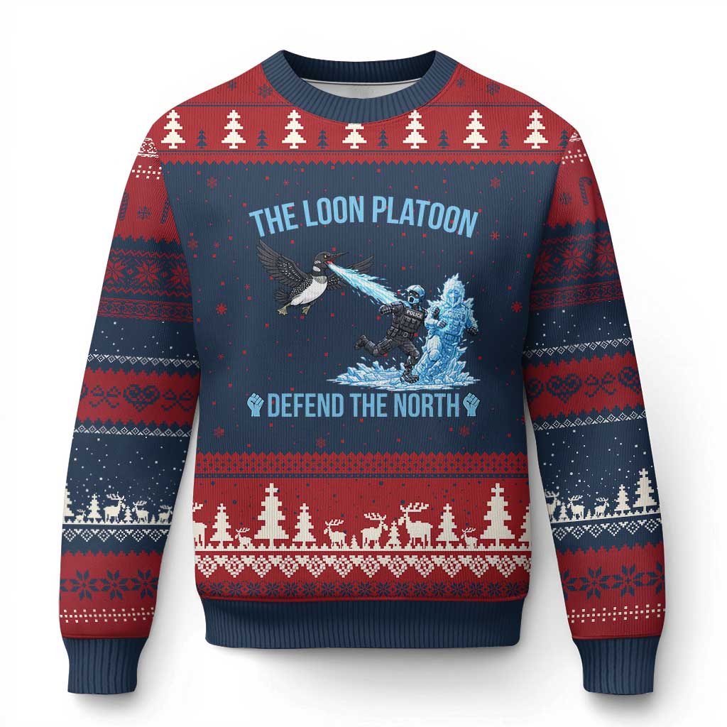 The Loon Platoon Defend The North Ugly Christmas Sweater Minnesota Rebel Loon Resist TS12 Navy Red Print Your Wear