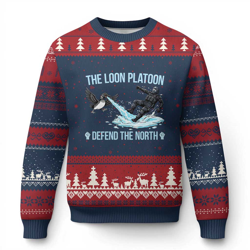 The Loon Platoon Defend The North Ugly Christmas Sweater Minnesota State Bird Rebel TS12 Navy Red Print Your Wear