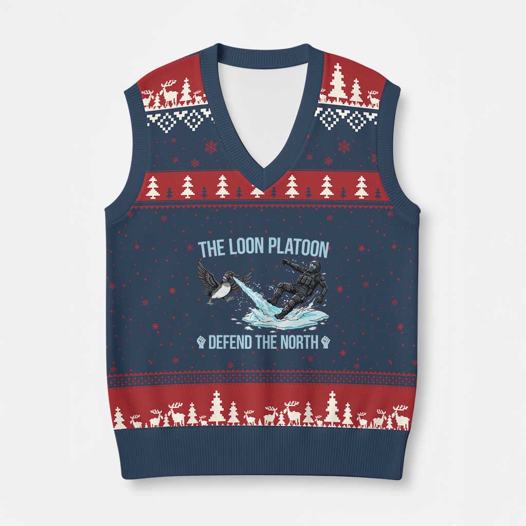 The Loon Platoon Defend The North V-Neck Knit Sweater Vest Minnesota State Bird Rebel TS12 Navy Red Print Your Wear