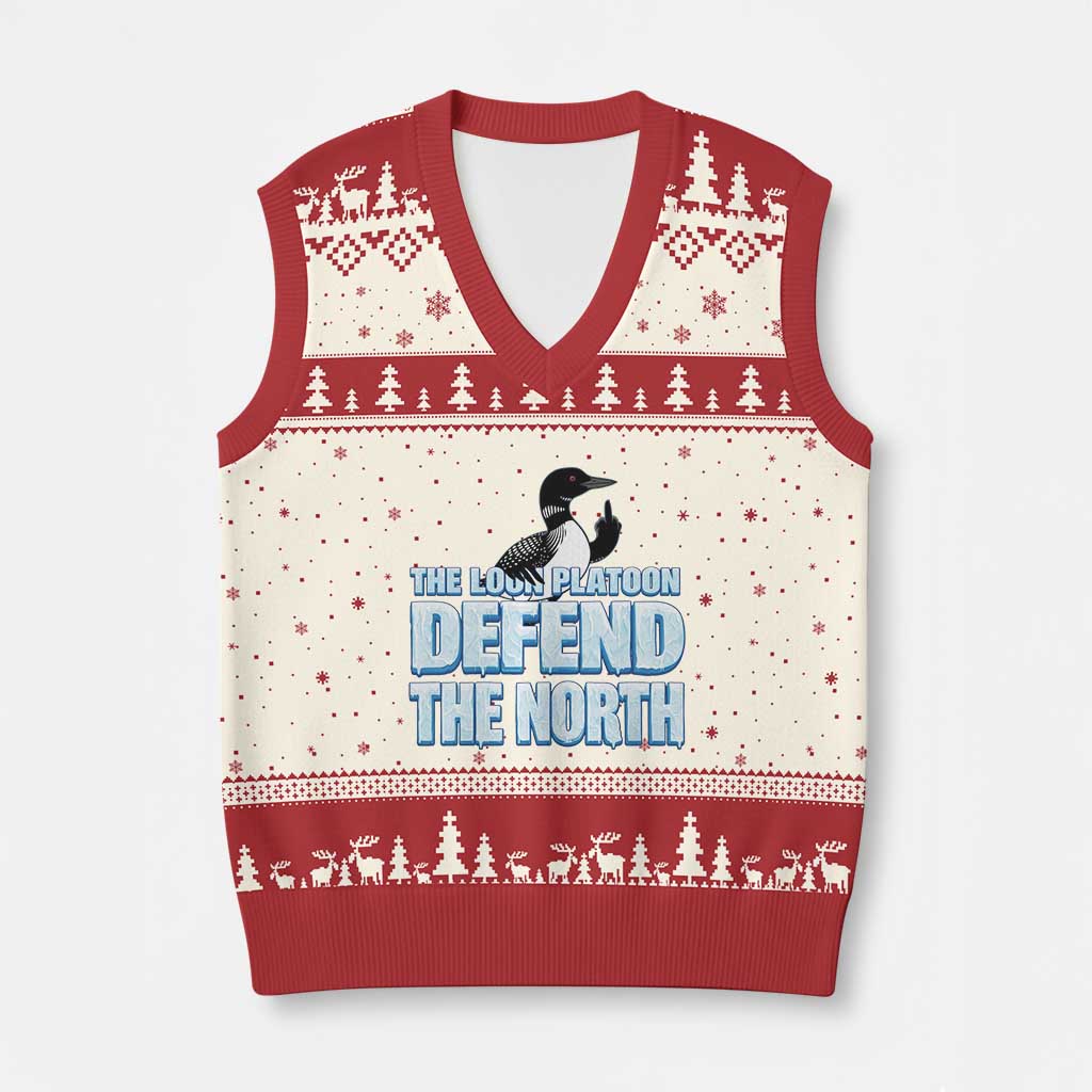 The Loon Platoon Defend The North V-Neck Knit Sweater Vest MN State Bird Loon Resistance TS12 Beige Red Print Your Wear