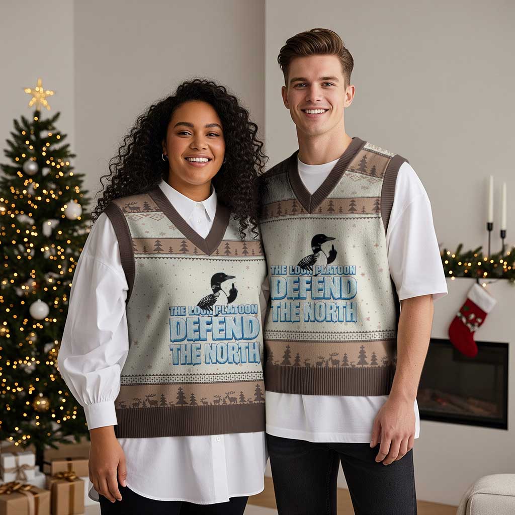 The Loon Platoon Defend The North V-Neck Knit Sweater Vest MN State Bird Loon Resistance TS12 Mocha Mousse Print Your Wear