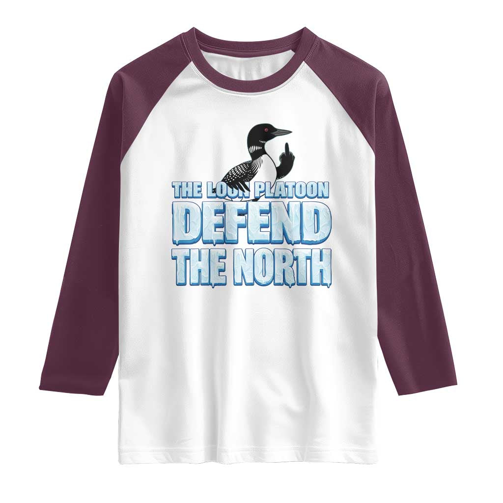 The Loon Platoon Defend The North Raglan Shirt MN State Bird Loon Resistance TS12 White Maroon Print Your Wear