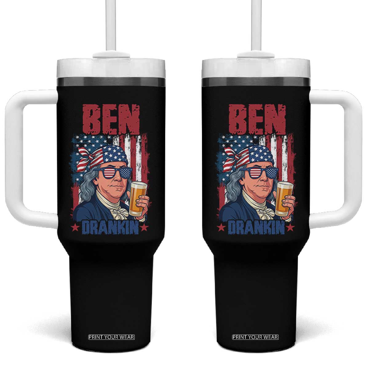 Benjamin Franklin Tumbler With Handle Funny Ben Drankin American History TS12 One Size: 40 oz Black Print Your Wear