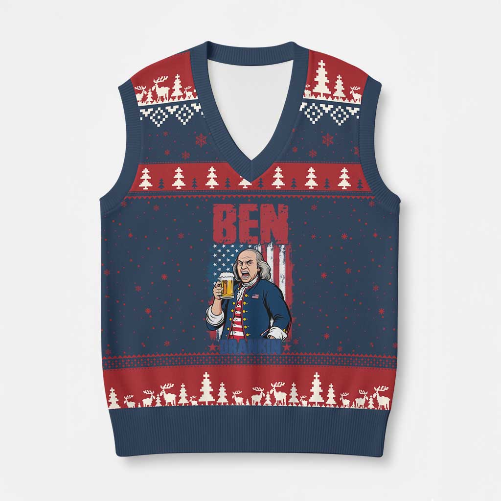 Benjamin Franklin V-Neck Knit Sweater Vest Funny Patriotic Founding Father TS12 Navy Red Print Your Wear
